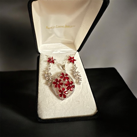 Jewelry - Elegant Red and Silver Floral Necklace and earrings